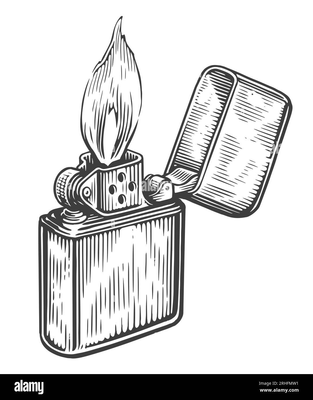 Lit cigarette lighter with the top folded open. Light the fire. Vintage sketch illustration Stock Photo