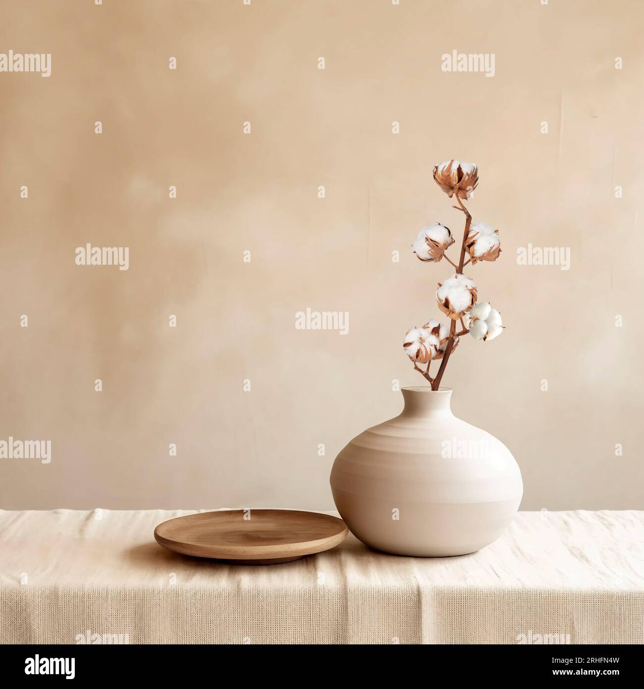 Beige ceramic vases with dry cotton branches. Stylish and minimalistic ...