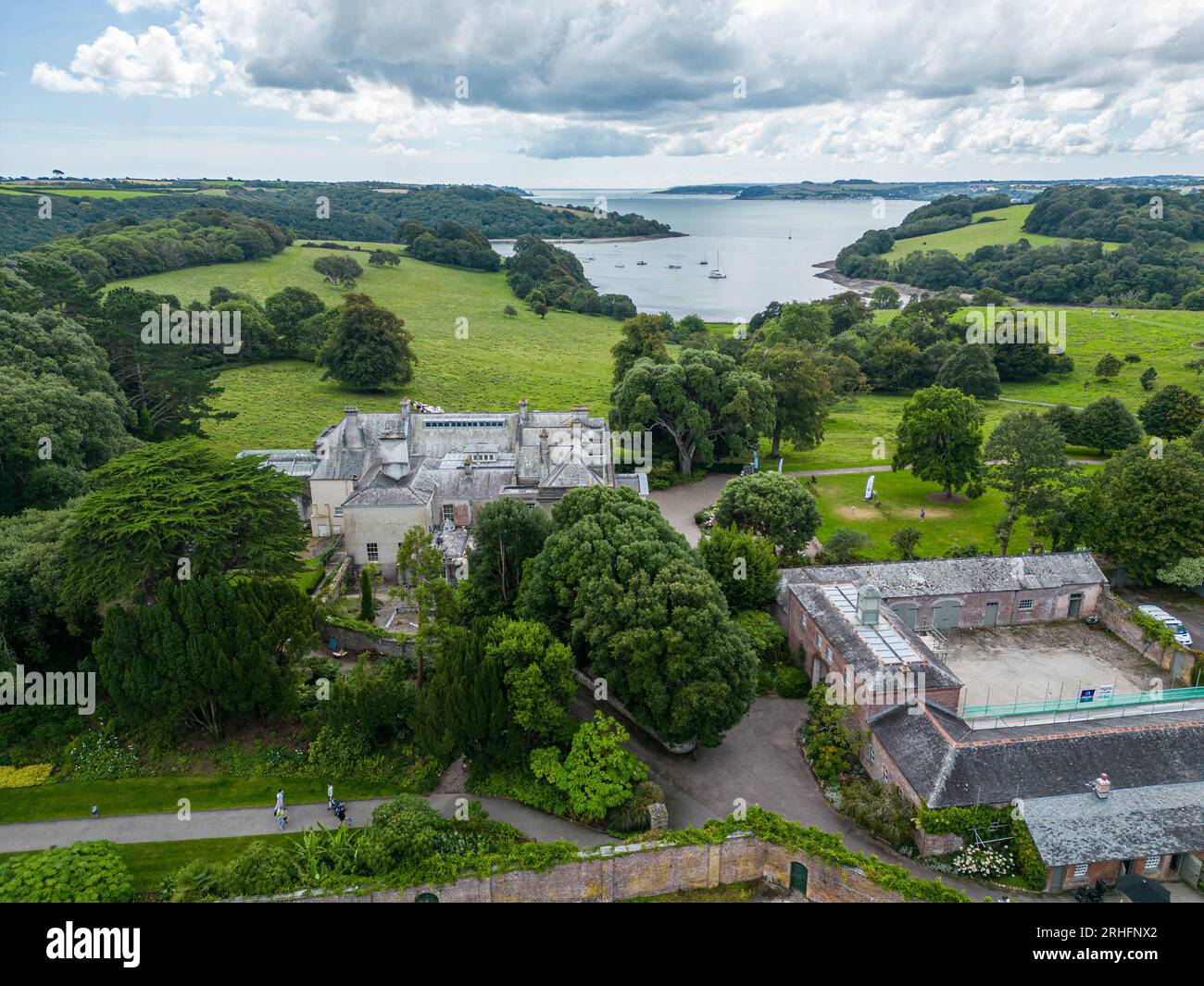 Trelissick House and gardens near Falmouth Cornwall UK. aerial Stock Photo
