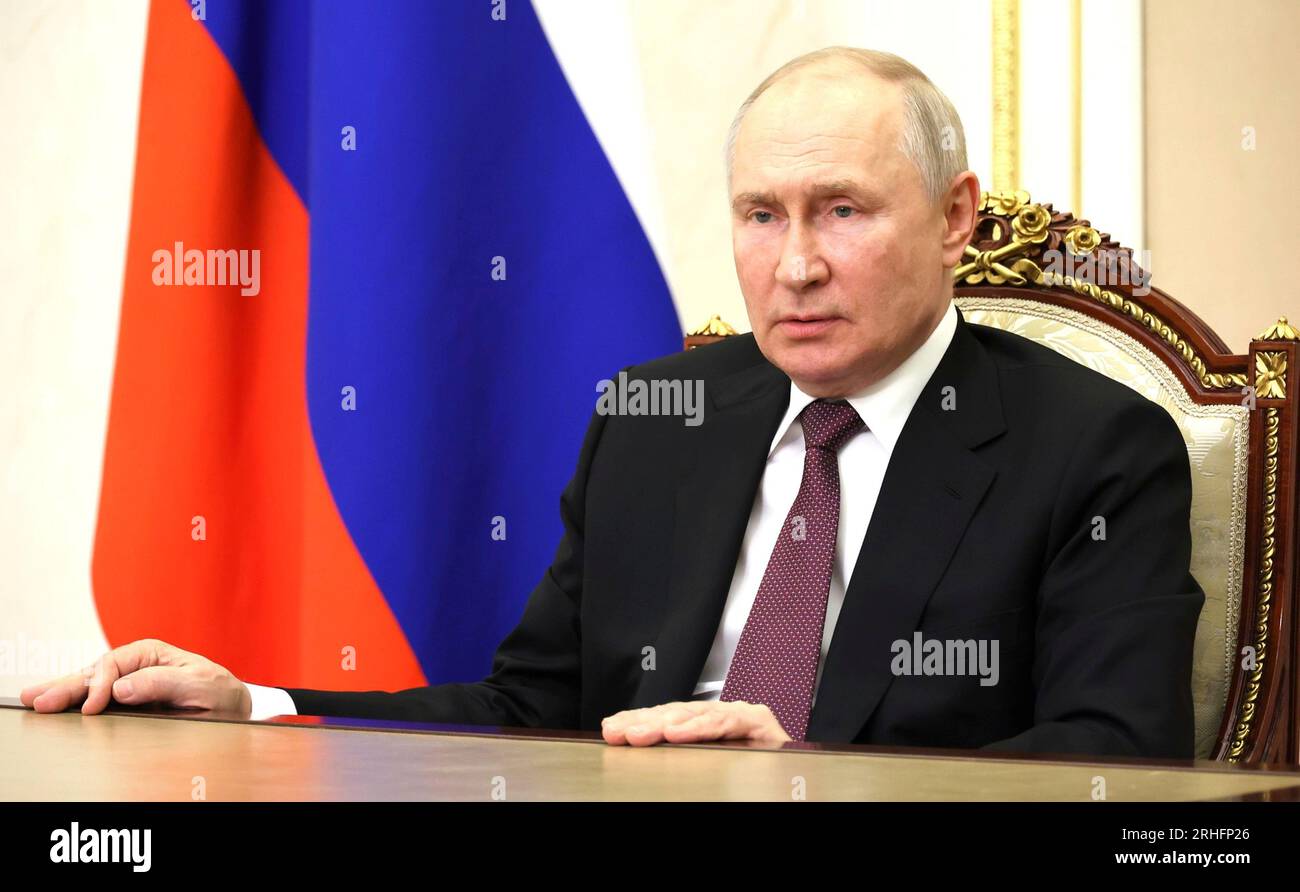 Moscow, Russia. 15th Aug, 2023. Russian President Vladimir Putin delivers and address to participants at the 11th Moscow Conference on International Security via video link from the Kremlin, August 15, 2023 in Moscow, Russia. Credit: Alexander Kazakov/Kremlin Pool/Alamy Live News Stock Photo