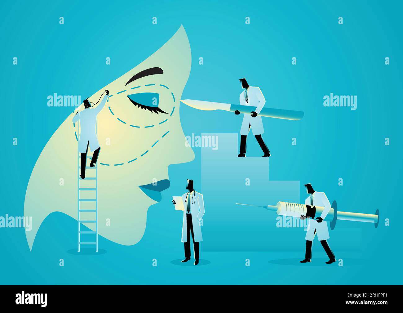 Vector illustration of team of doctors holding scalpels and syringes