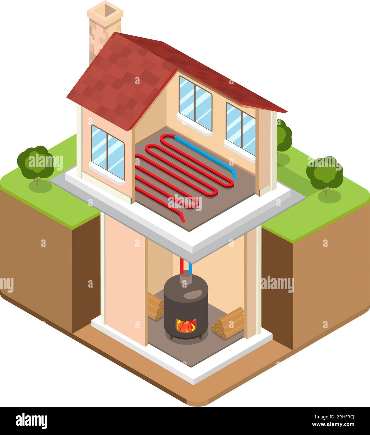 Flat isometric alternative energy efficient building vector illustration. 3d isometry eco friendly architecture concept. Solid fuel wood fired boiler Stock Vector