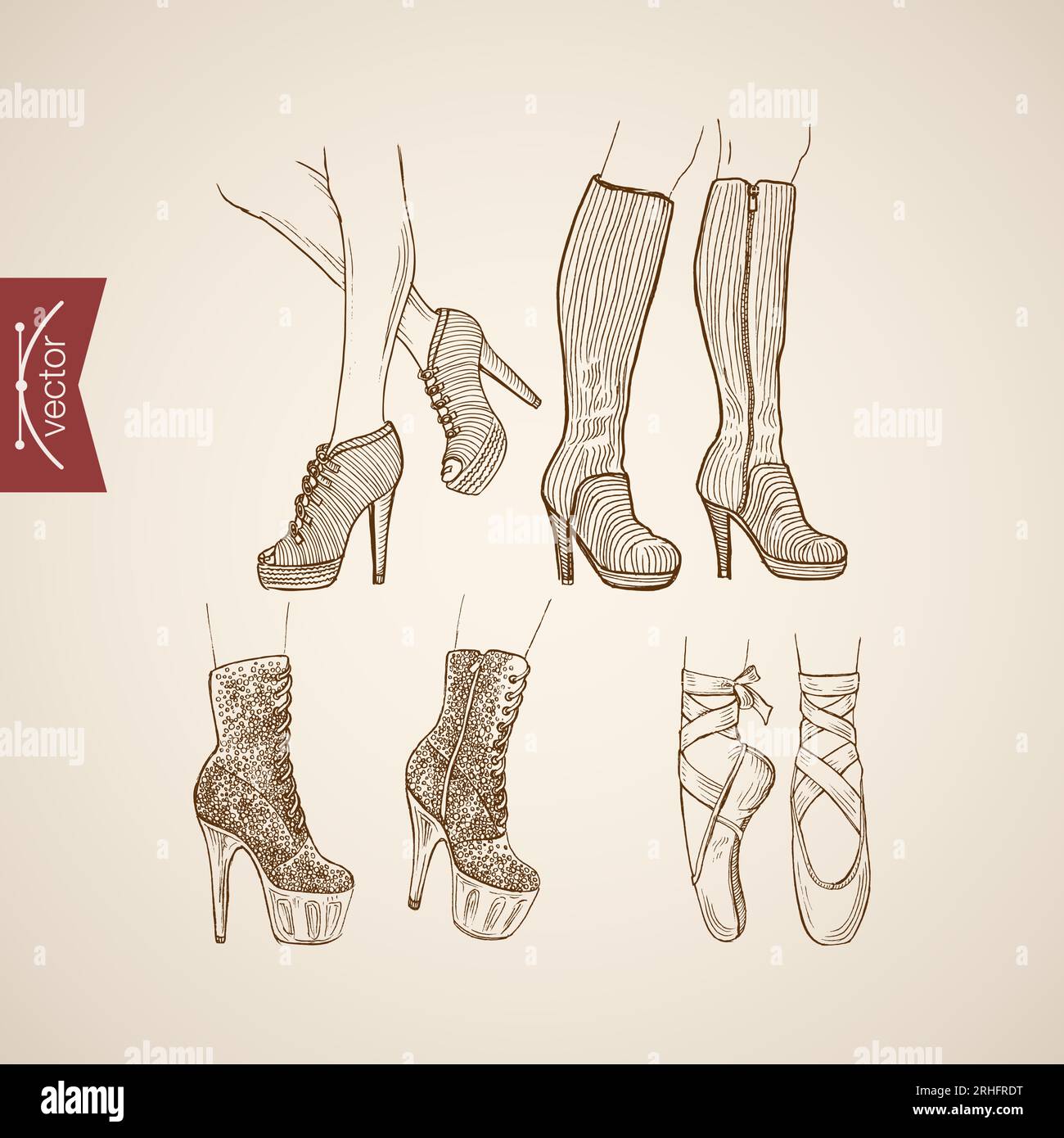 Engraving vintage hand drawn vector high heeled boots and ballet shoes