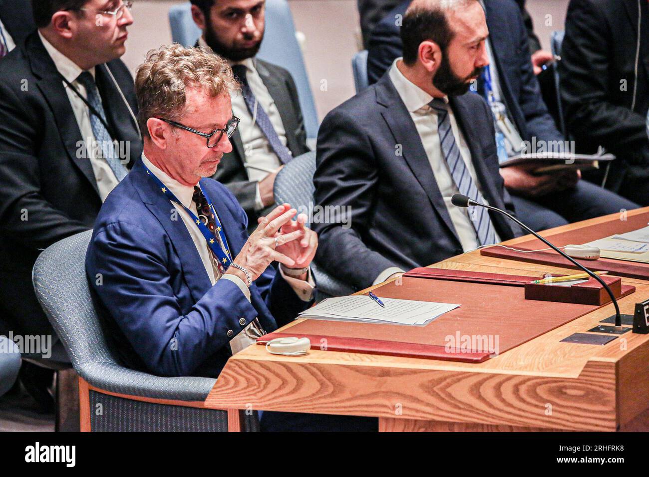 New York, New York, USA. 16th Aug, 2023. A representative of the European Union to the United Nations speaks at a UN Security Council Meeting held on Armenia and humanitarian need in the areas where Russian peacekeepers have been deployed.In these areas, specifically the Lachin corridor, there has been a blockage which has prevented humanitarian assistance. Medical evacuations have been possible while import of medicinal items have not been since 7th of July. (Credit Image: © Bianca Otero/ZUMA Press Wire) EDITORIAL USAGE ONLY! Not for Commercial USAGE! Stock Photo