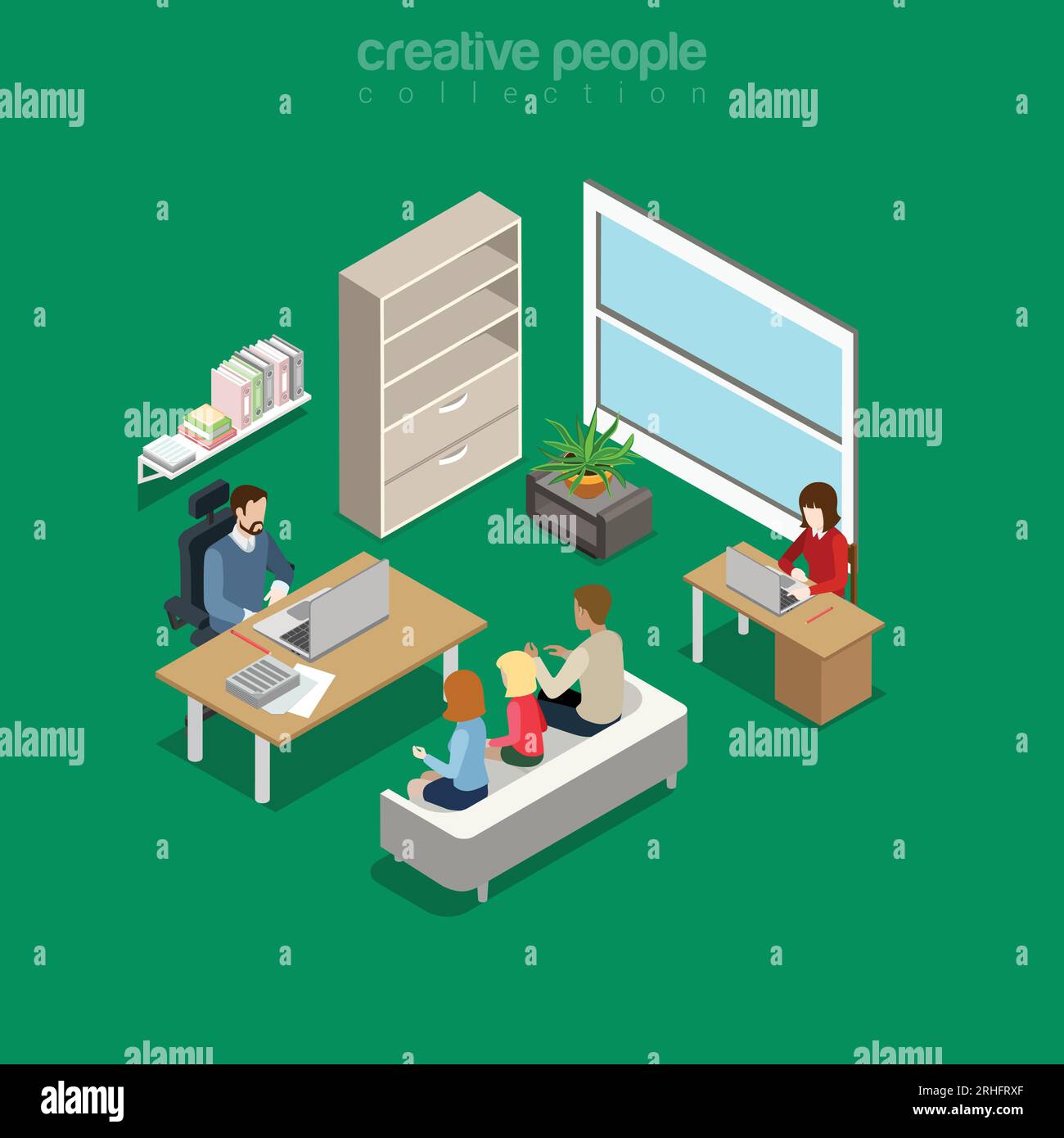 Flat isometric intraoffice meeting session in boss office interior vector illustration. 3d