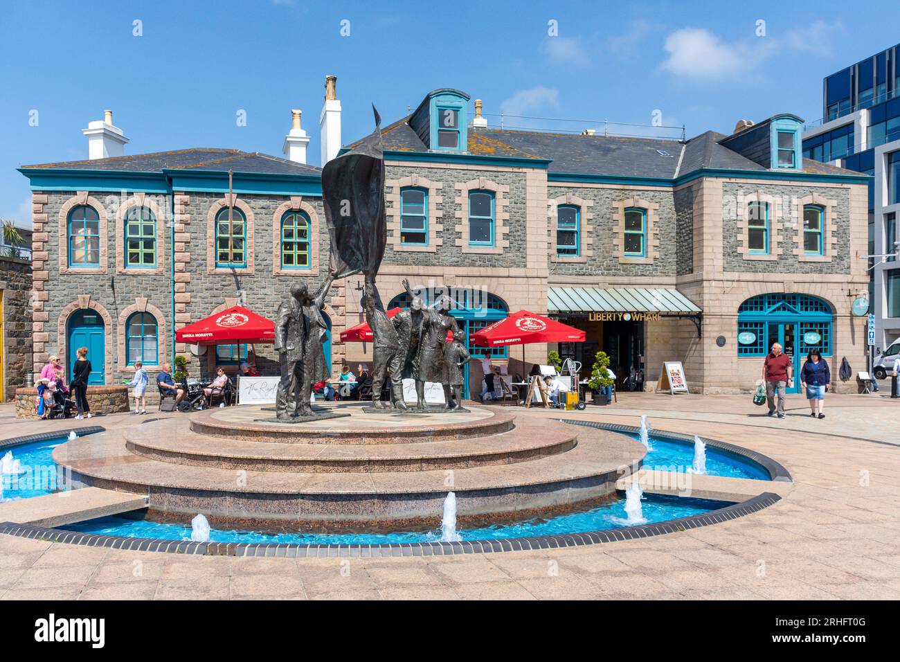 Liberation Monument and Liberty Wharf, Liberation Square, St Helier, Jersey, Channel Islands Stock Photo