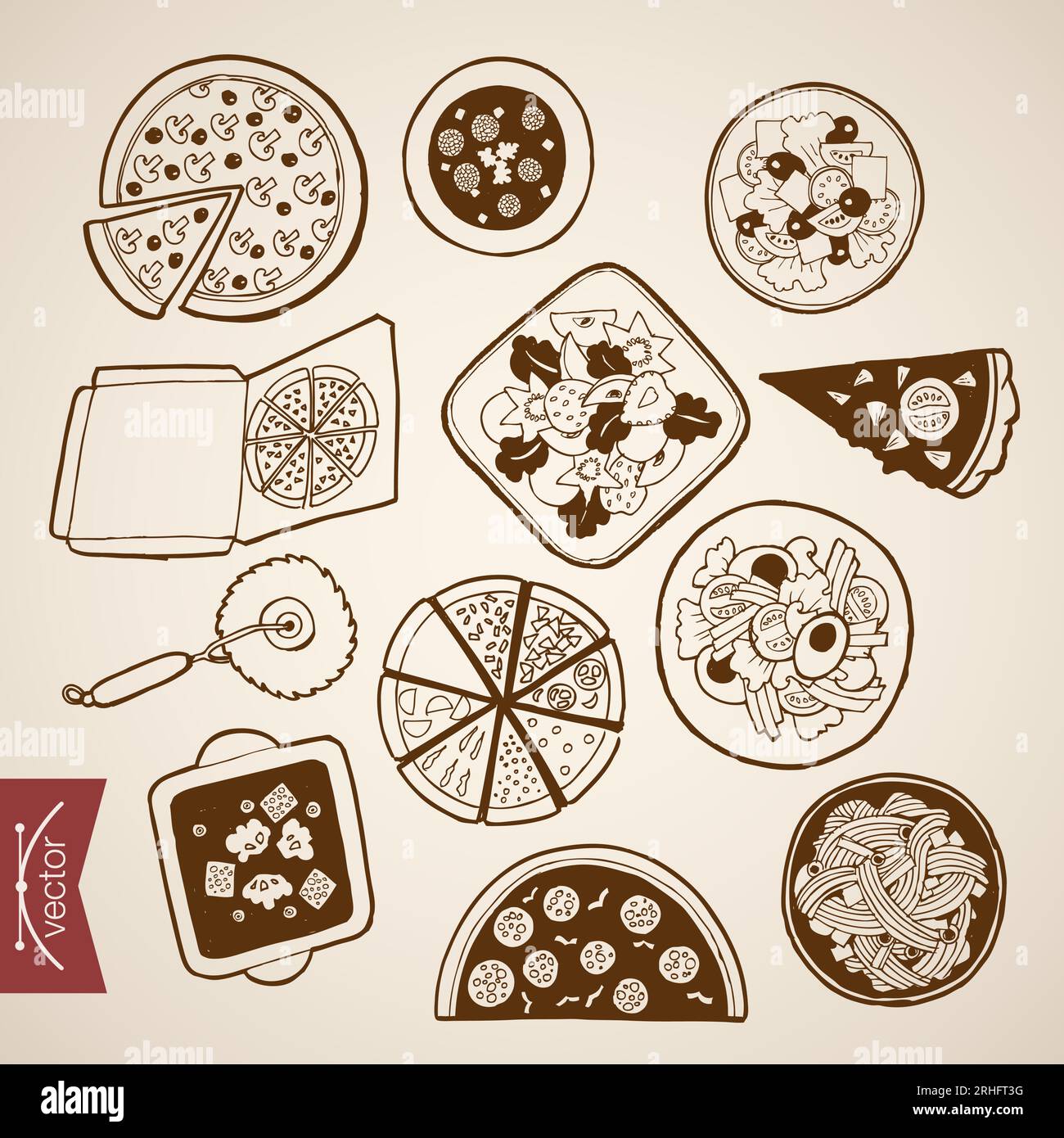 Engraving vintage hand drawn vector Italian pizzeria food collection