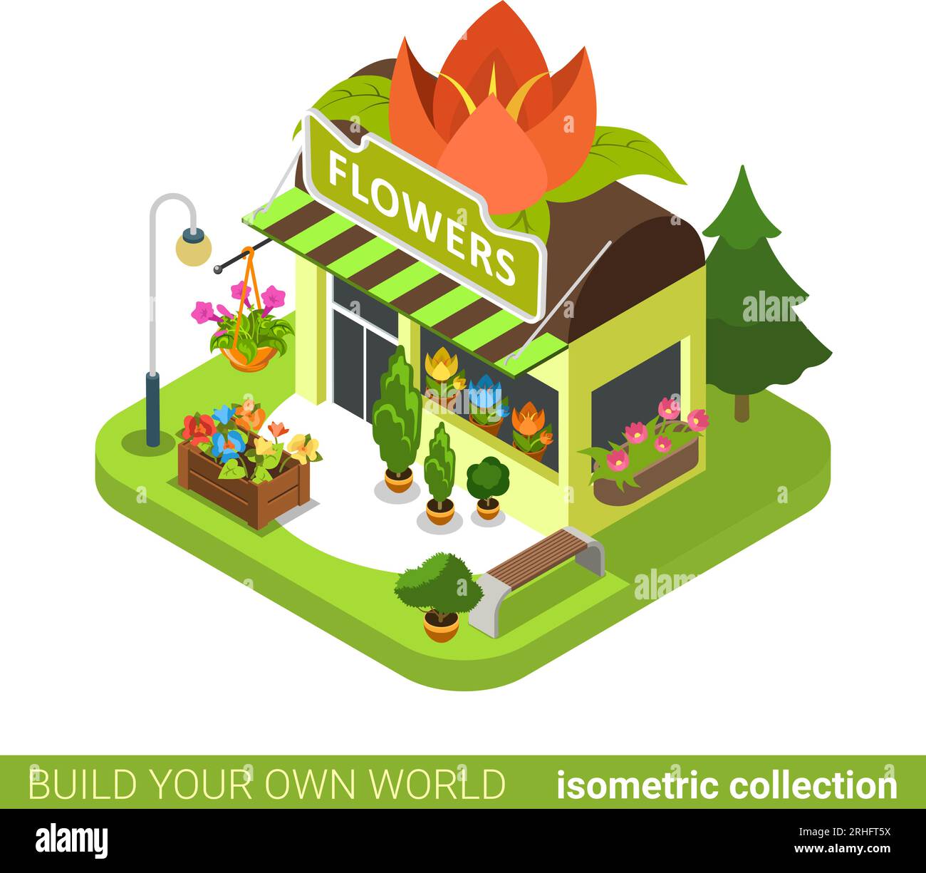 Florist shop flower shape building realty real estate concept. Flat 3d