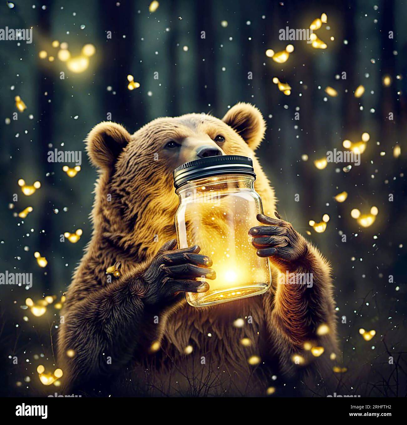 https://c8.alamy.com/comp/2RHFTH2/brown-bear-in-dark-forest-holding-a-glass-mason-jar-filled-with-glowing-fireflies-2RHFTH2.jpg