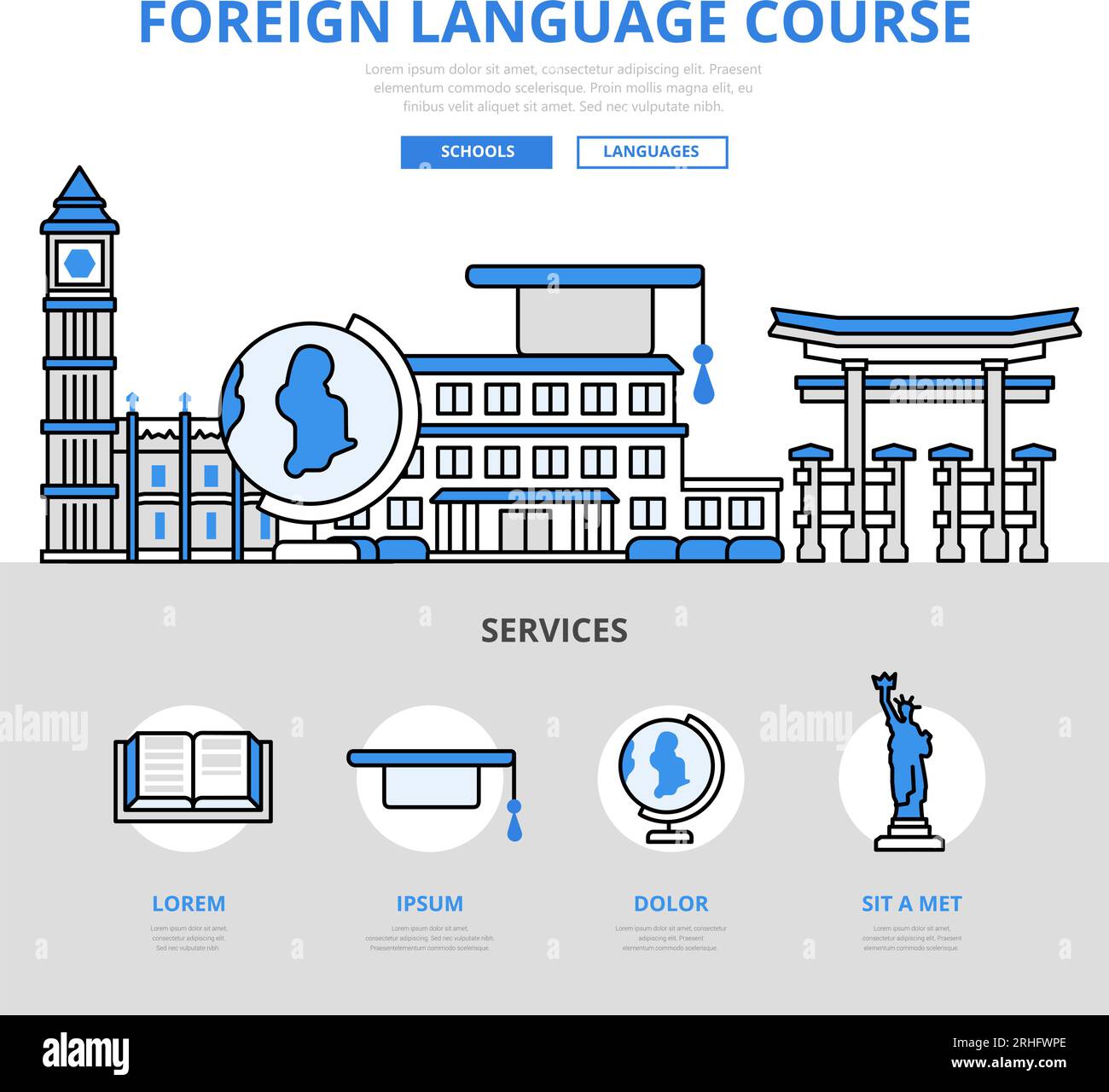 Foreign language course school college university education concept flat line art vector icons. Modern website infographics illustration hero image we Stock Vector