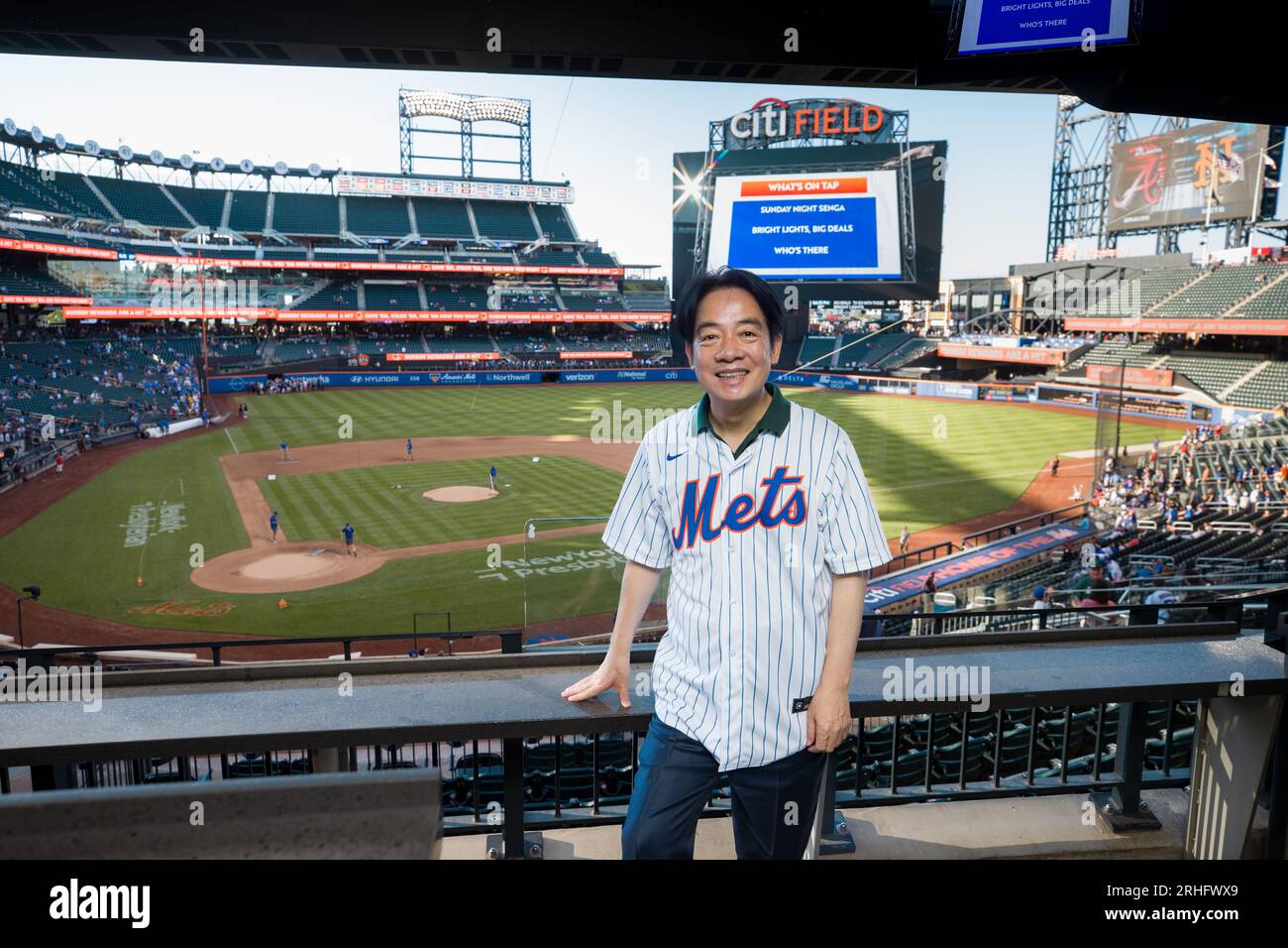 New York City, United States. 14th Aug, 2023. Taiwan Vice President William Lai poses with City Field behind before the start of the New York Mets vs Oakland Athletics, August 14, 2023 in New York City, New York. Lai attended a New York Mets professional baseball game during a stopover on his way from Taipei to Paraguay. Credit: Shufu Liu/Taiwan Presidential Office/Alamy Live News Stock Photo