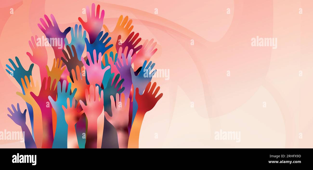Banner with volunteer people with raised arms. People diversity 