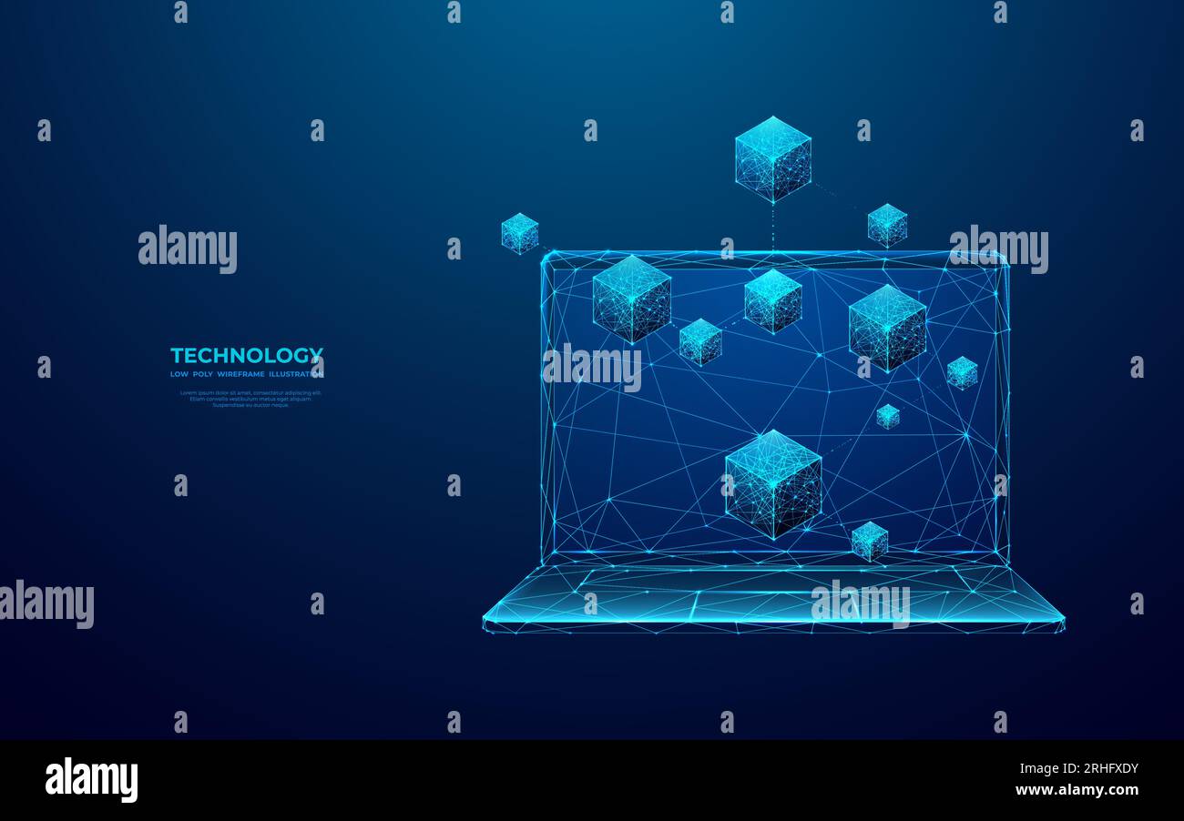 Abstract digital isometric blockchain on opened laptop. Linked blocks Stock Vector