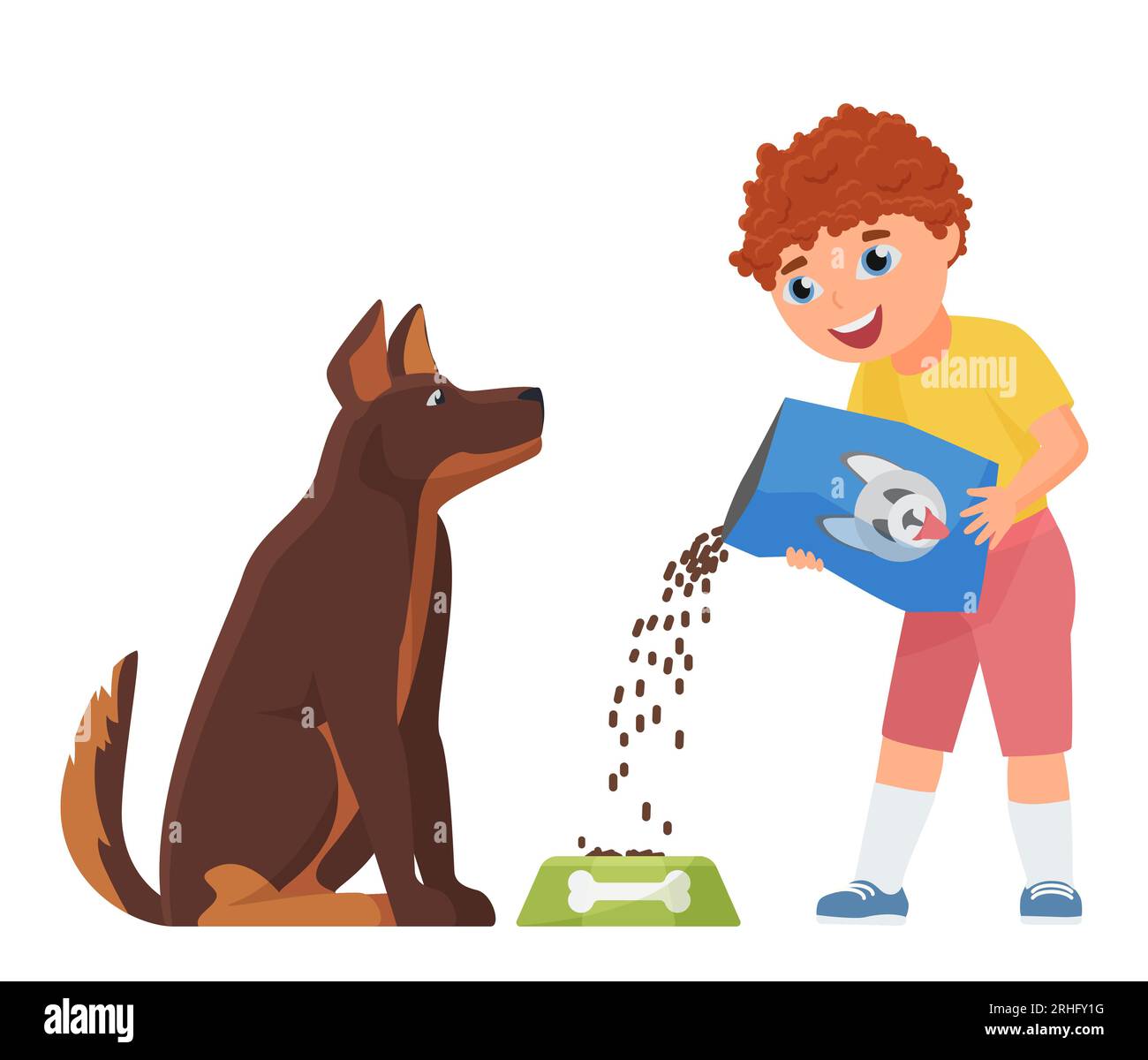 Kid feeding his dog. Take care of family pet, best friend animal vector