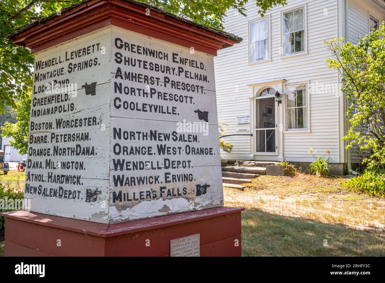 Old wooden road sign at the Swift River Historical Society in New Salem, MA Stock Photo