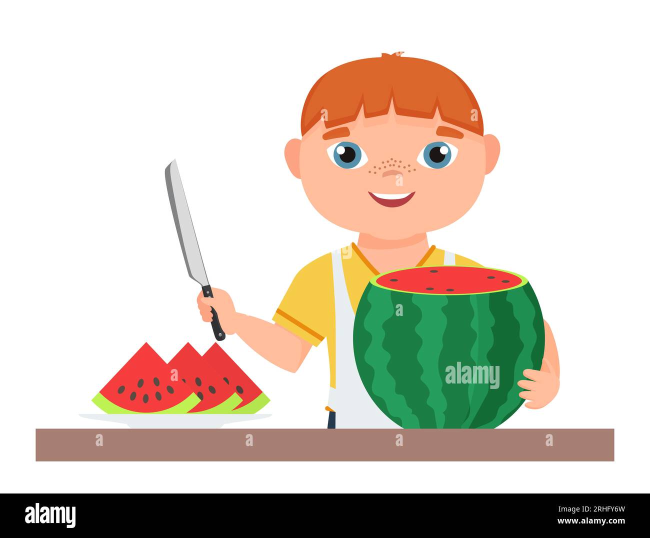 Little boy cutting watermelon. Kid eating fruit, child chef in kitchen