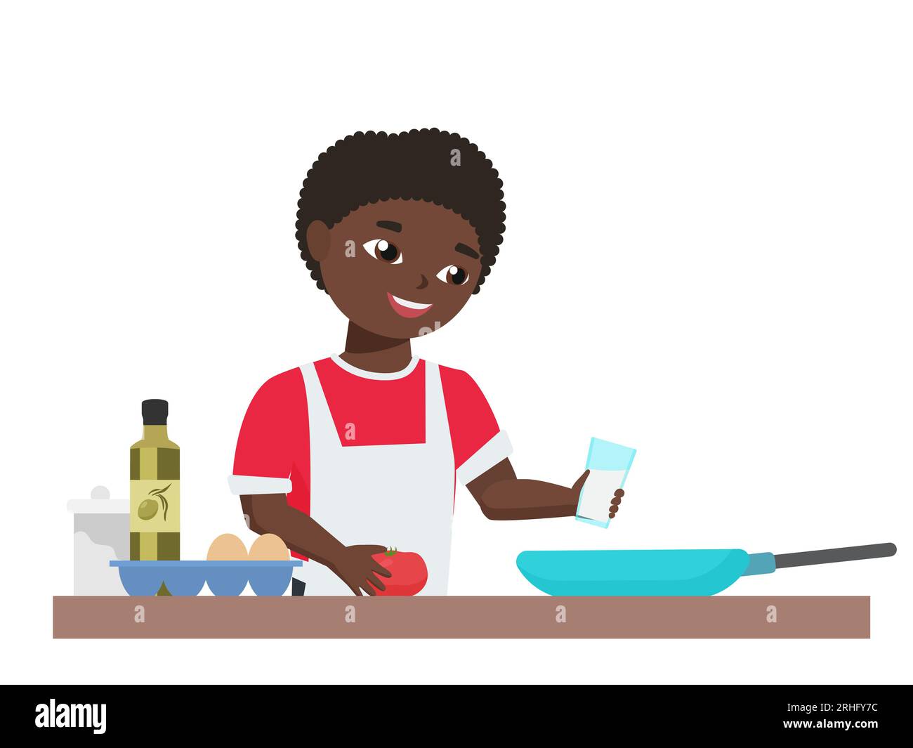 Happy child preparing omelet. Little kitchen chef cooking breakfast ...