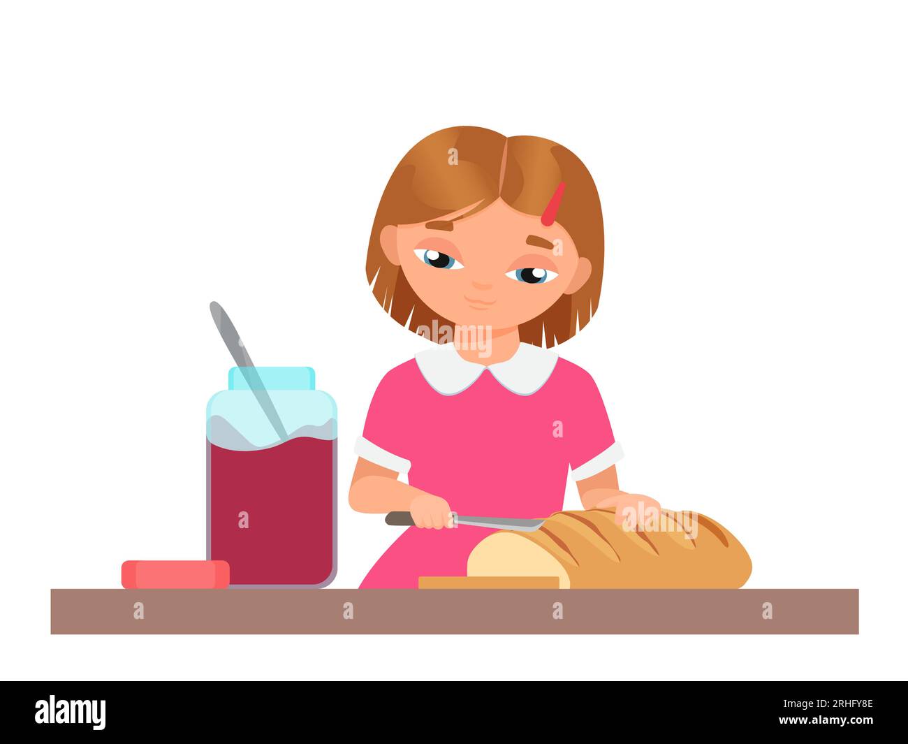 Little girl preparing toasts. Kid in kitchen prepare bread with jam ...