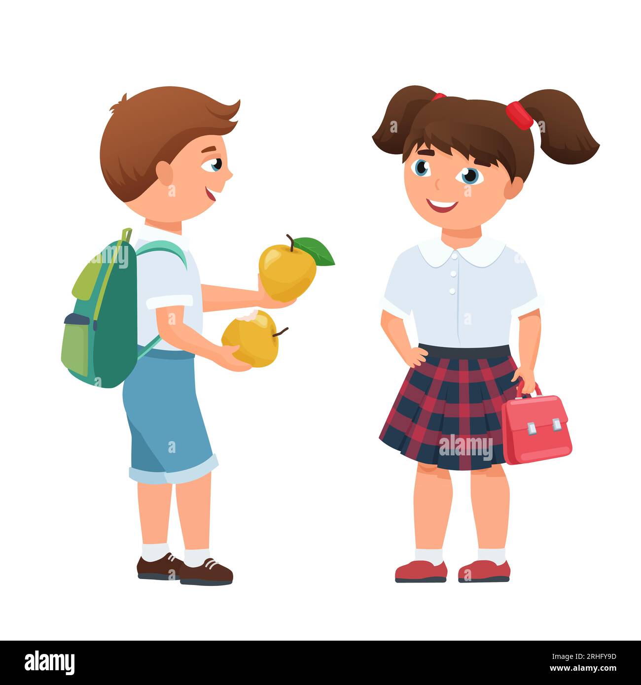 School kids with fruits. School pupil, little girl and boy with bags ...