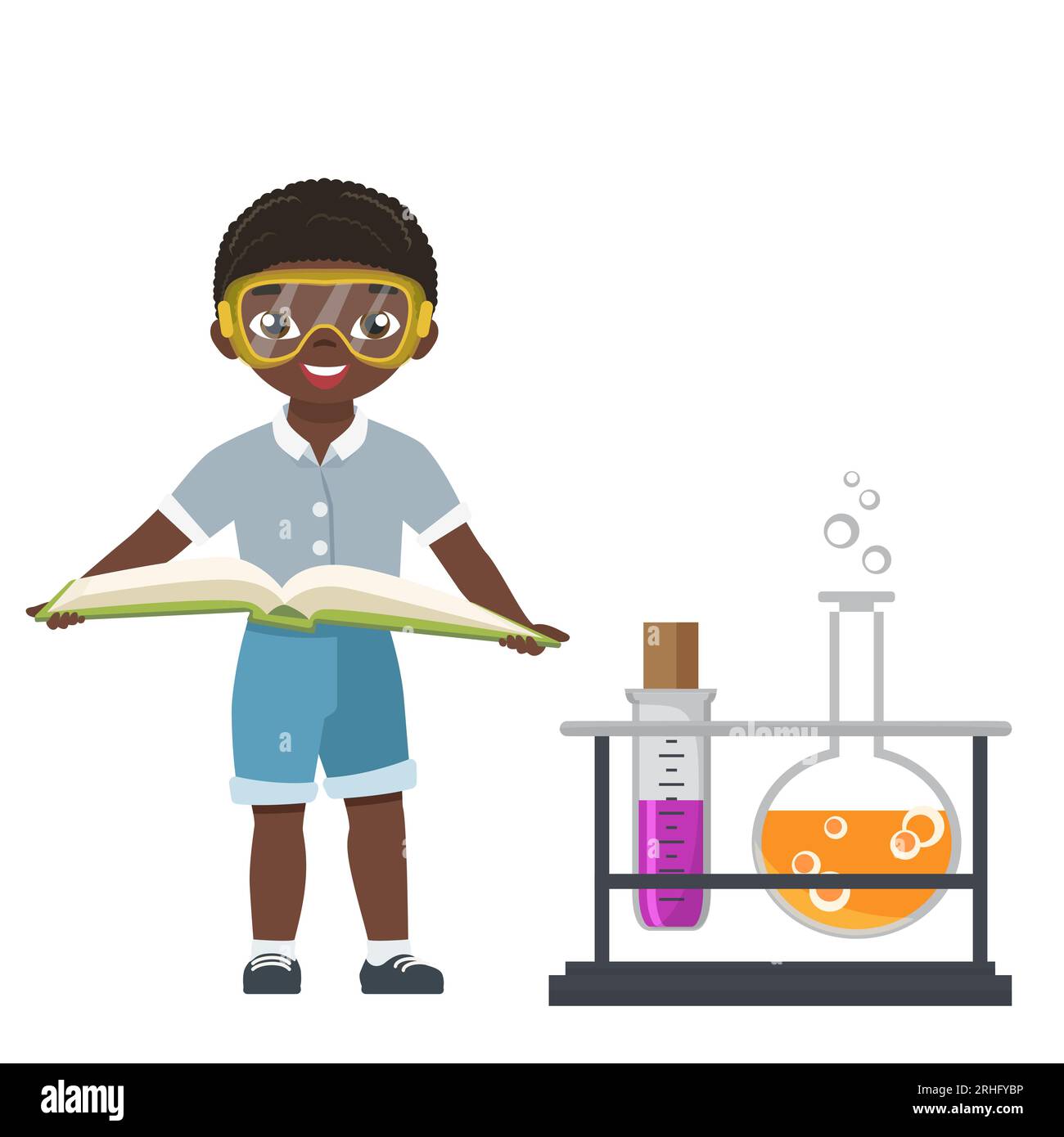 School kid learning chemistry. School pupil doing laboratory experiment vector illustration Stock Vector