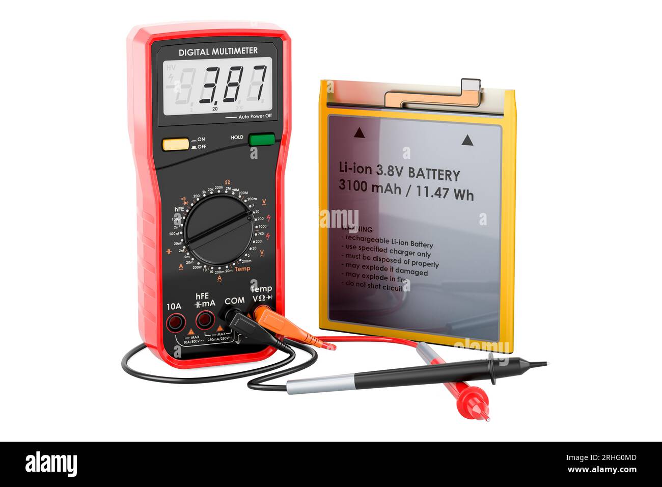 Digital multimeter and Lithium Ion Cell Phone Battery, 3D rendering isolated on white background Stock Photo