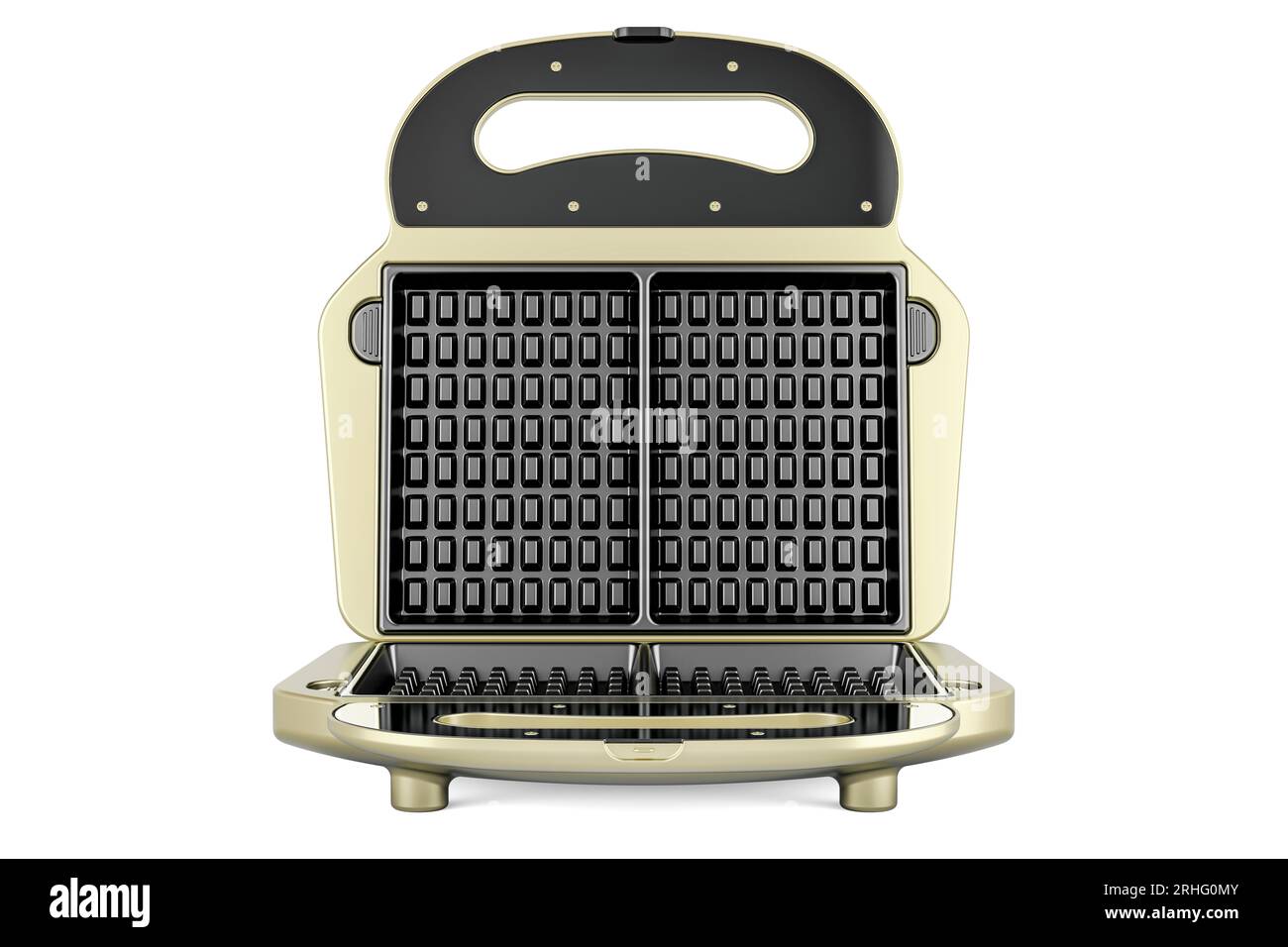 Opened waffle iron, front view. 3D rendering isolated on white