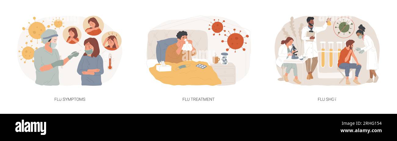 Flu season isolated concept vector illustration set. Flu infection symptoms, influenza treatment and shot, intensive therapy, fever and cough, virus infection remedy, public health vector concept. Stock Vector