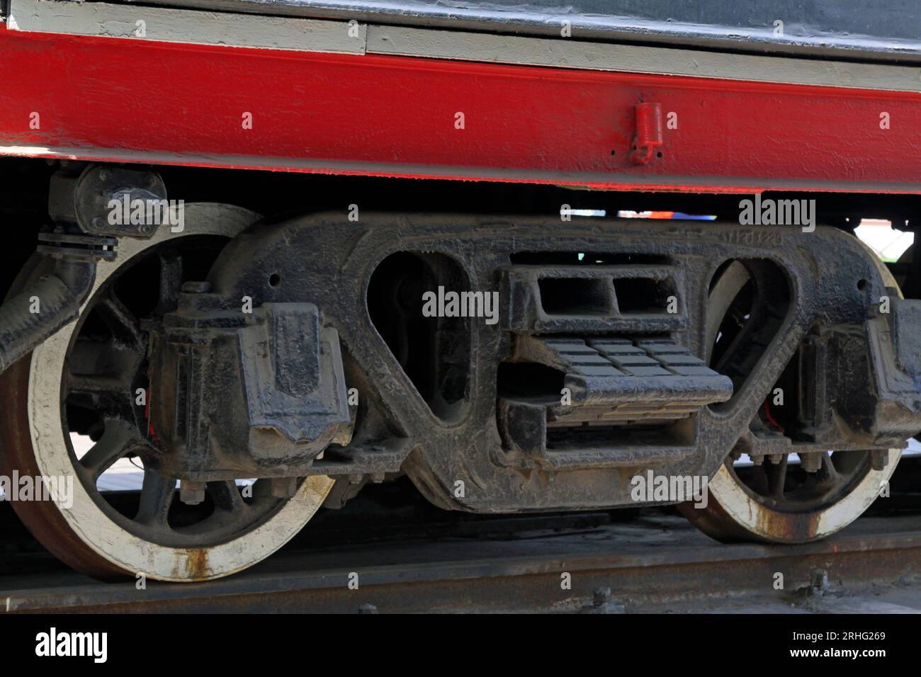 steam locomotive wheel and the damping device, closeup of photo Stock Photo
