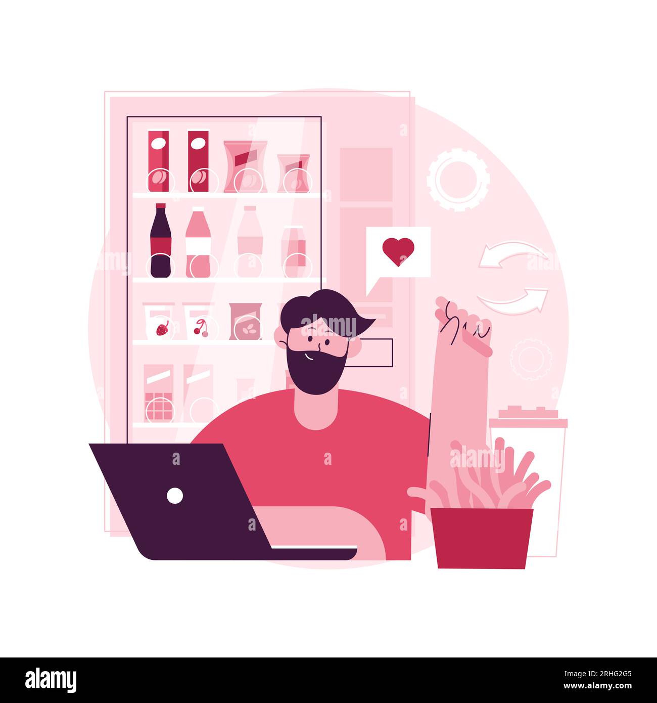 Snacking non-stop abstract concept vector illustration. Mindless snacking, junk food, non-stop eating while working, reduce cholesterol use, diet and nutrition, addictive habit abstract metaphor. Stock Vector