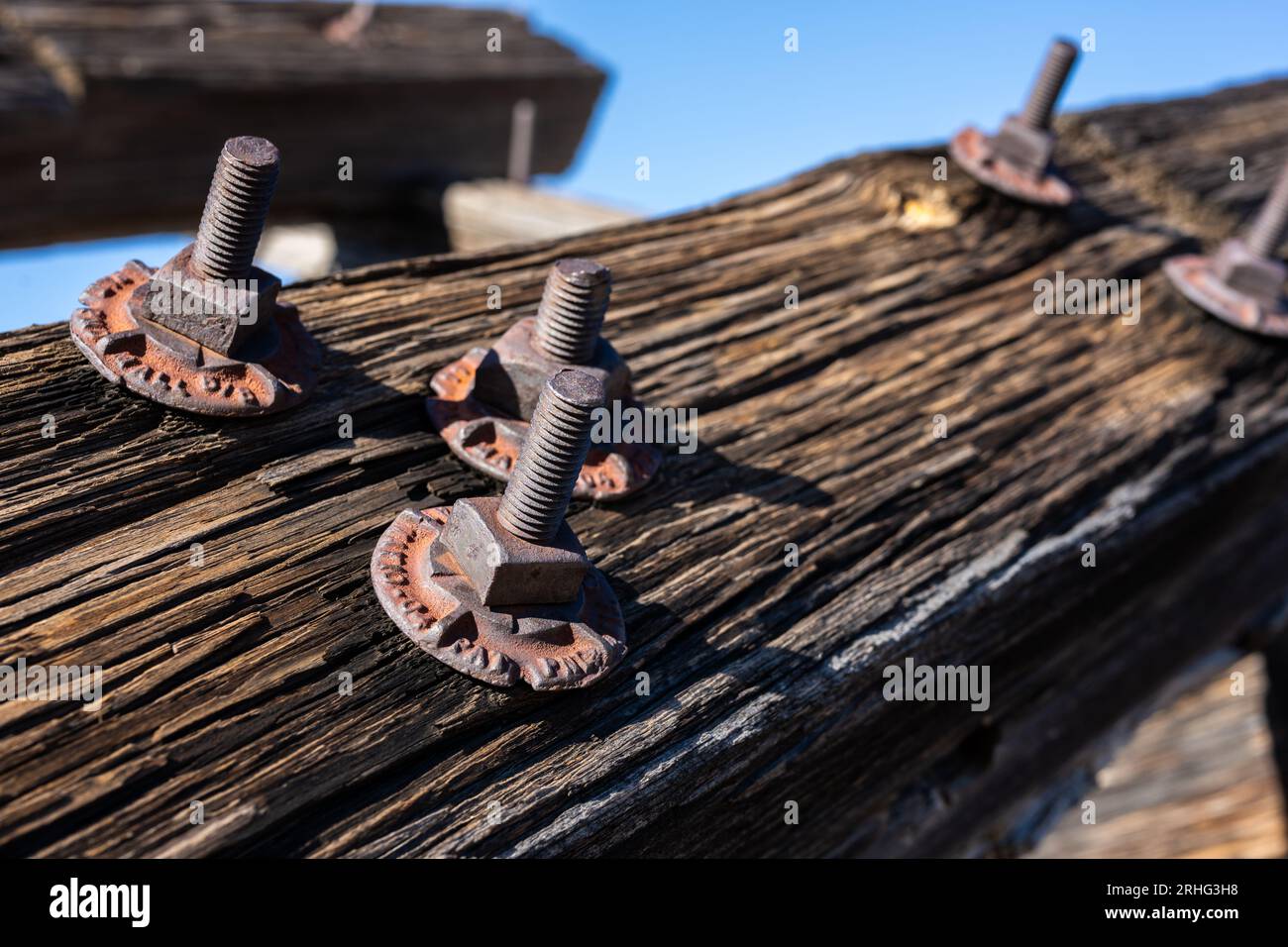 Rusty Bolts Along Pylon of Ore Terminal Station in Big Bend Stock Photo