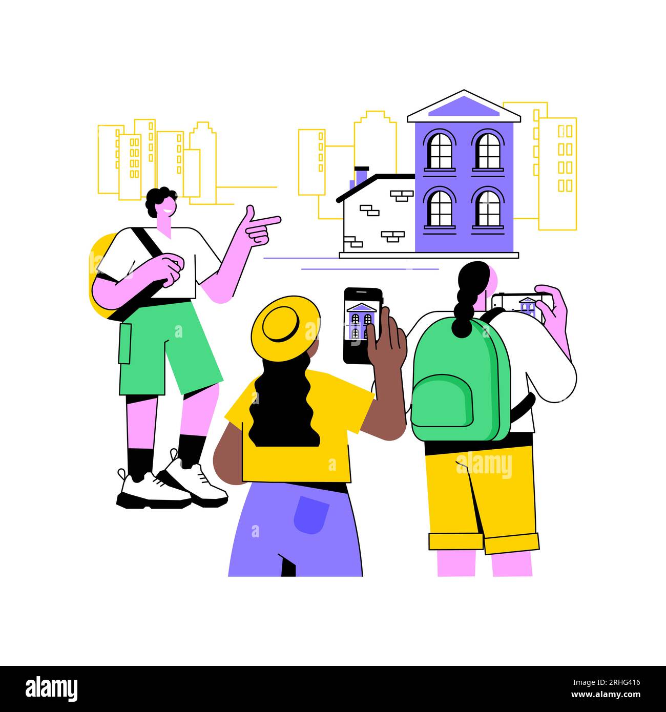Free walking tour isolated cartoon vector illustrations. Group of friends taking pictures of historical building, sightseeing, city trip, cultural experience, guide leads tour vector cartoon. Stock Vector