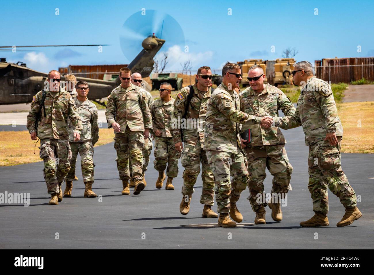 U.S. Army Gen. Charles A. Flynn, commanding general of the U.S. Army Pacific, greets the command element of the Combined Joint Task Force 50 (CJTF-50) at the Hawaii Army National Guard Puunene Armory, Maui, on August 15, 2023. Members of CJTF-50 from the Hawaii Army and Air National Guard, U.S. Army Active Duty and Reserve are actively supporting Maui County authorities to provide immediate security, safety, and well-being to those affected by the wildfires to ensure unwavering support for the community of Maui and first responders. Photo by Staff Sgt. Matthew A. Foster/U.S. Army National Guar Stock Photo