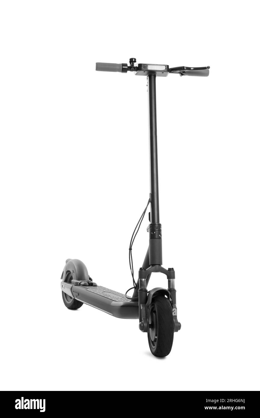 Modern electric kick scooter isolated on white Stock Photo Alamy