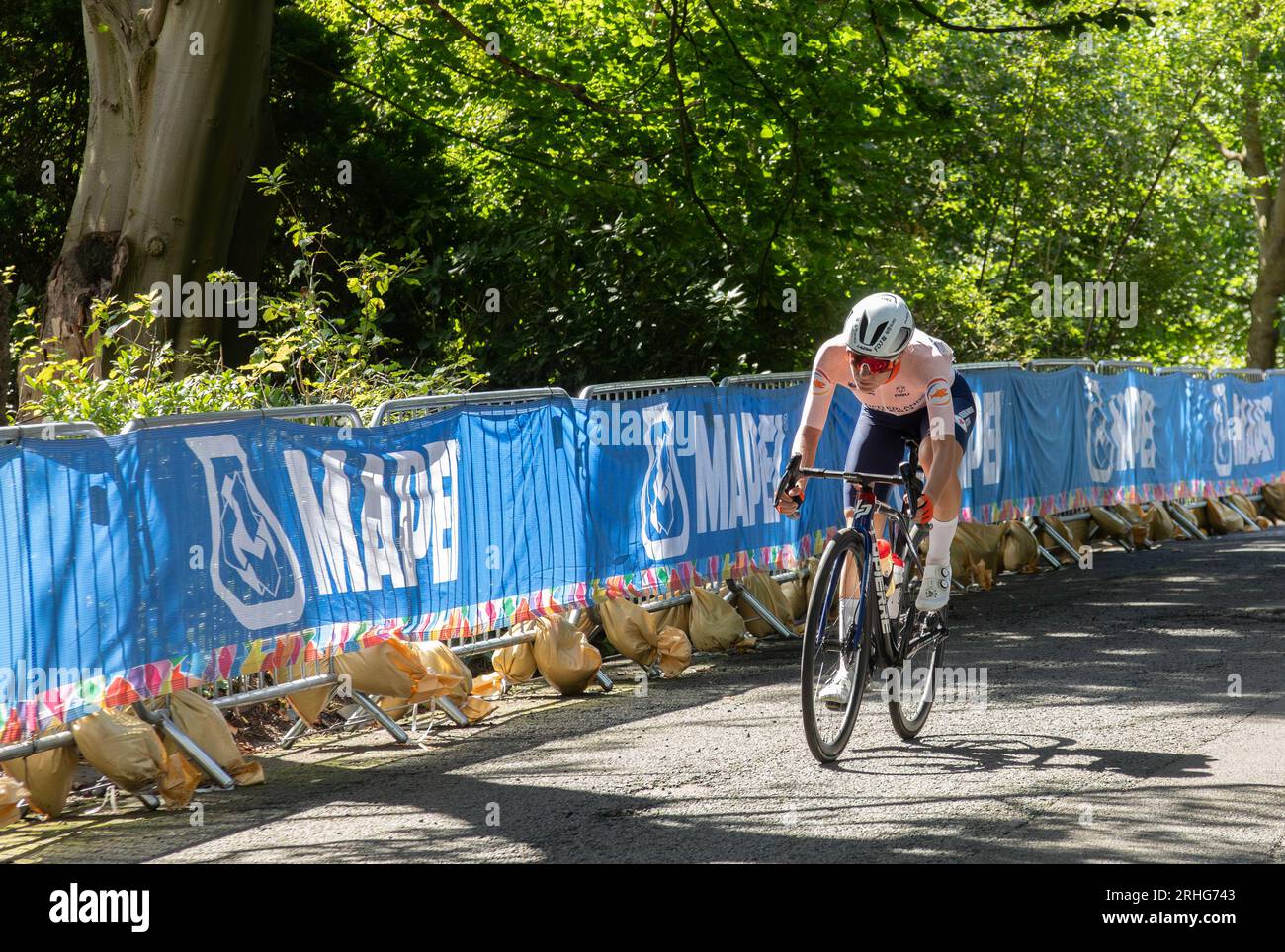 Loes Adegeest of The Netherlands riding through Kelvingrove Park in the West End of Glasgow in the UCI elite women's world championship road race. Stock Photo