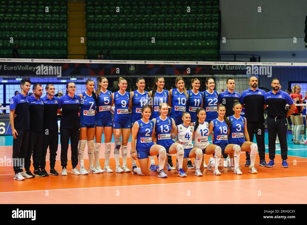 Monza, Italy. 16th Aug, 2023. Bosnia-Herzegovina team pose for a group photo during CEV EuroVolley 2023 women Final Round Pool B volleyball match between Switzerland and Bosnia-Herzegovina at Arena di Monza. Switzerland 2 - 3 Bosnia-Herzegovina(25-16, 15-25, 25-23, 17-25, 15-17) Credit: SOPA Images Limited/Alamy Live News Stock Photo