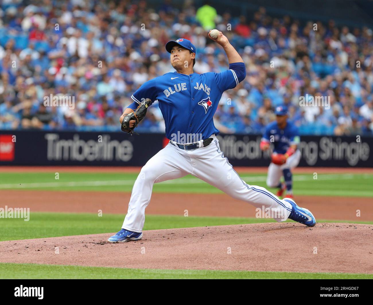 Toronto Blue Jays starting pitcher Hyun Jin Ryu (99) delivers a pitch in  the first inning during a baseball game against the Chicago Cubs Sunday,  Aug. 13, 2023, at the Rogers Center
