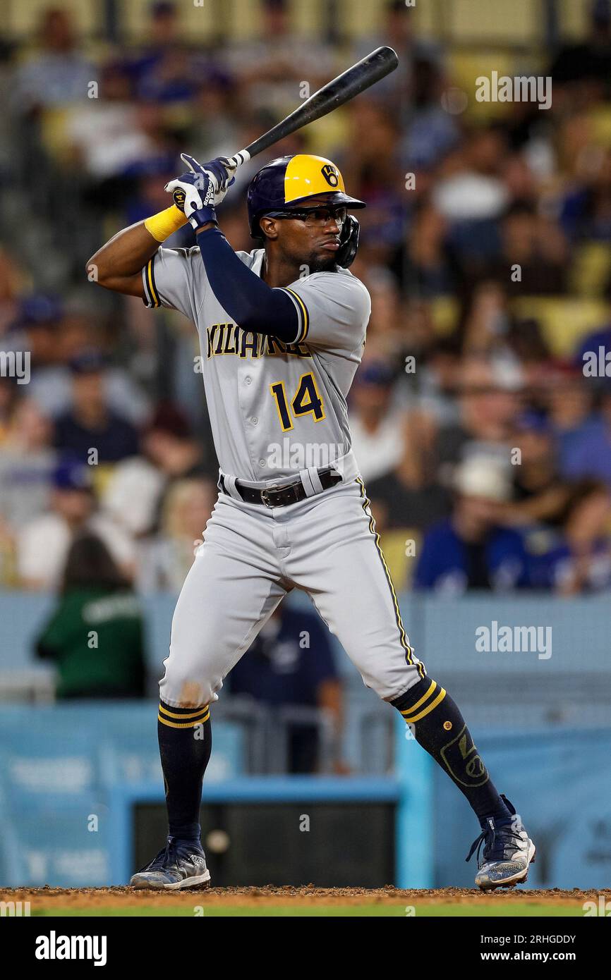Milwaukee Brewers second basemen Andruw Monasterio (14) waits for the pitch during a regular season game between the Milwaukee Brewers and Los Angeles Stock Photo