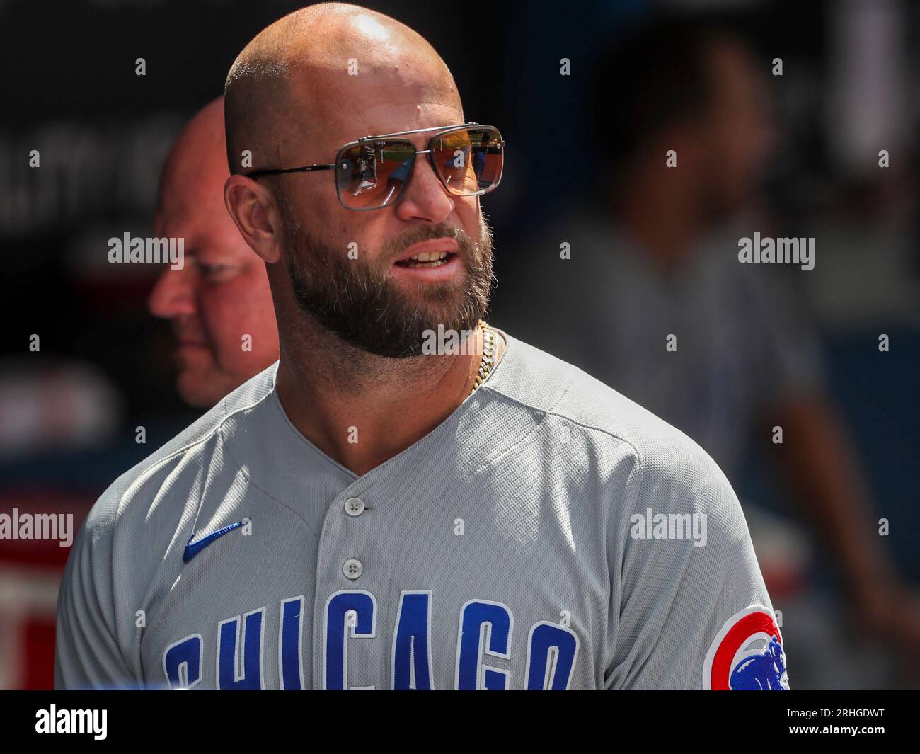 Chicago Cubs first base coach Mike Napoli (55) during a baseball game  against the Toronto Blue Jays on Sunday, Aug. 13, 2023, at the Rogers  Center in Toronto, Cananda. (Photo by Nicholas