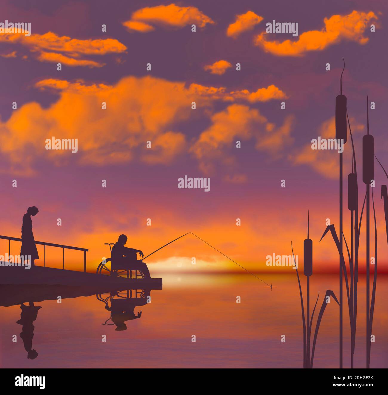 A man in a wheelchair fishes on a handicapped accessible fishing ramp ...