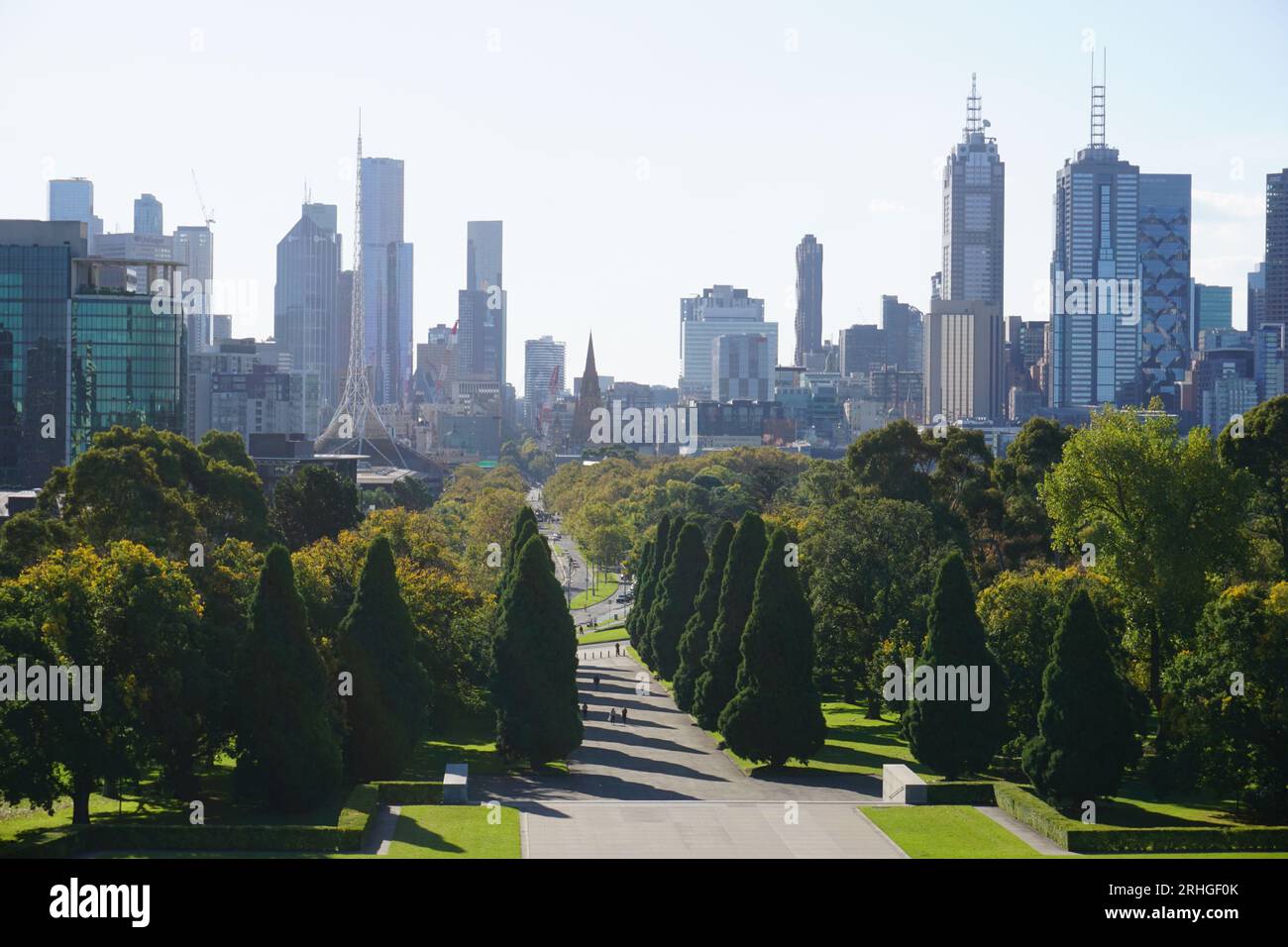 Melbourne CBD skyline seen from top of Anzac Memorial in Anzac Park