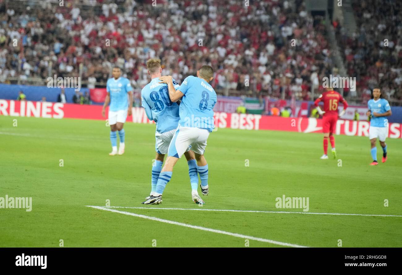 Piraeus, Greece. 16 August, 2023: Cole Palmer of Manchester City celebrates  after scoring with Rodri of Manchester City during the UEFA Super Cup 2023  match between Manchester City FC and Sevilla FC