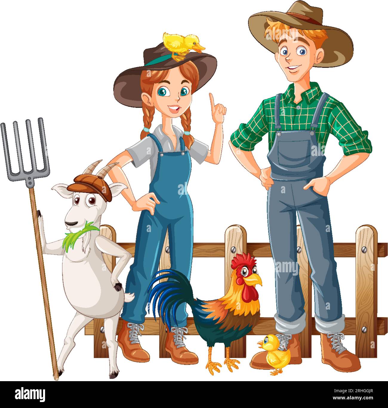 Farming couple cartoon with farm animal illustration Stock Vector