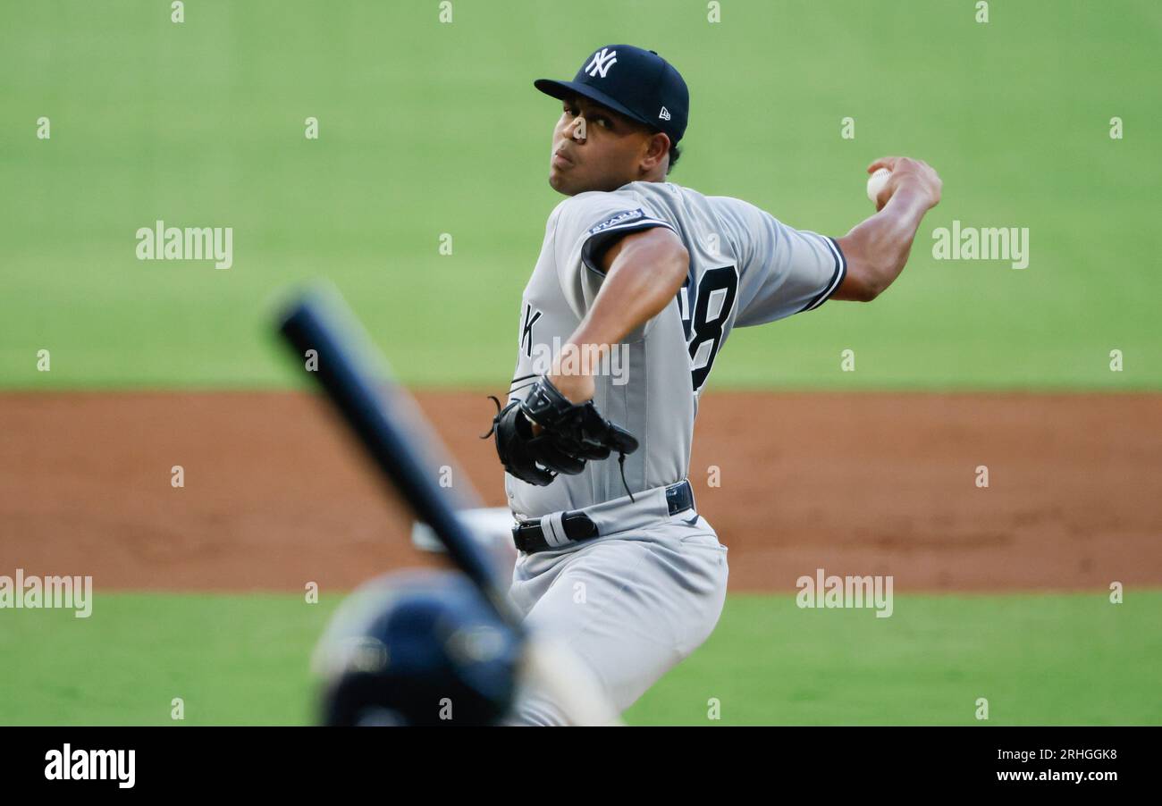 Atlanta, United States. 16th Aug, 2023. Atlanta Braves second baseman Nicky  Lopez is out at first by New York Yankees starting pitcher Randy Vasquez  during the second inning against the New York