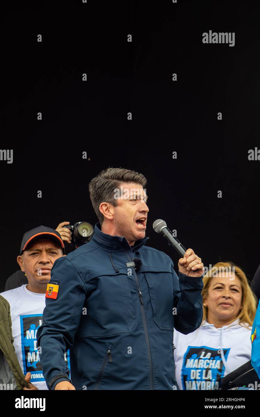 BOGOTA, COLOMBIA - 16 AUGUST 2023. Diego Molano at the march asking for Gustavo Petro impeachment. Peaceful protest march in Bogota Colombia against t Stock Photo