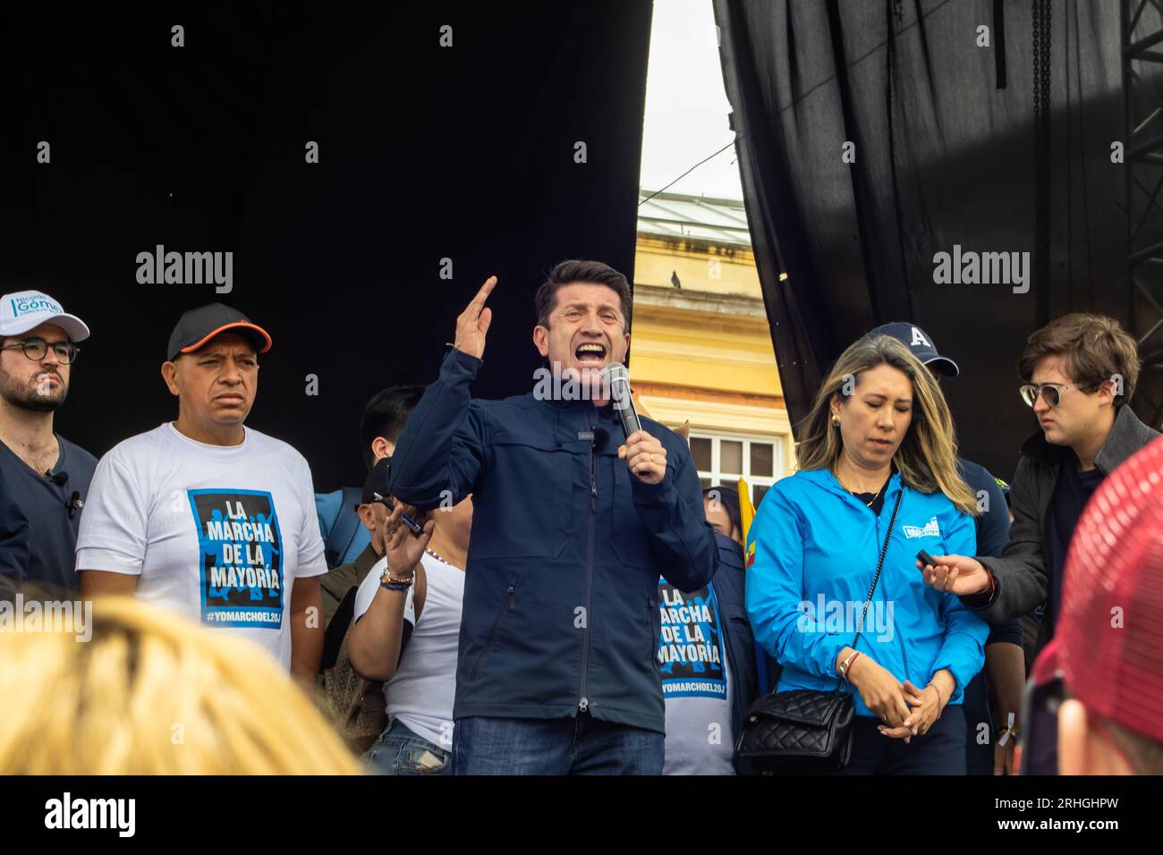 BOGOTA, COLOMBIA - 16 AUGUST 2023. Diego Molano at the march asking for Gustavo Petro impeachment. Peaceful protest march in Bogota Colombia against t Stock Photo