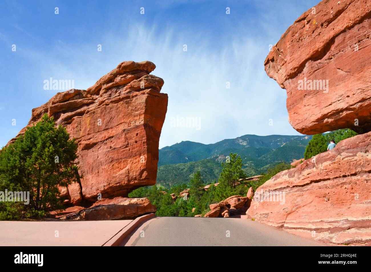 Red Rock formation on Balanced Rock roadside on Garden Dr in the Garden of the Gods. Colorado Springs, Colorado. USA. Stock Photo