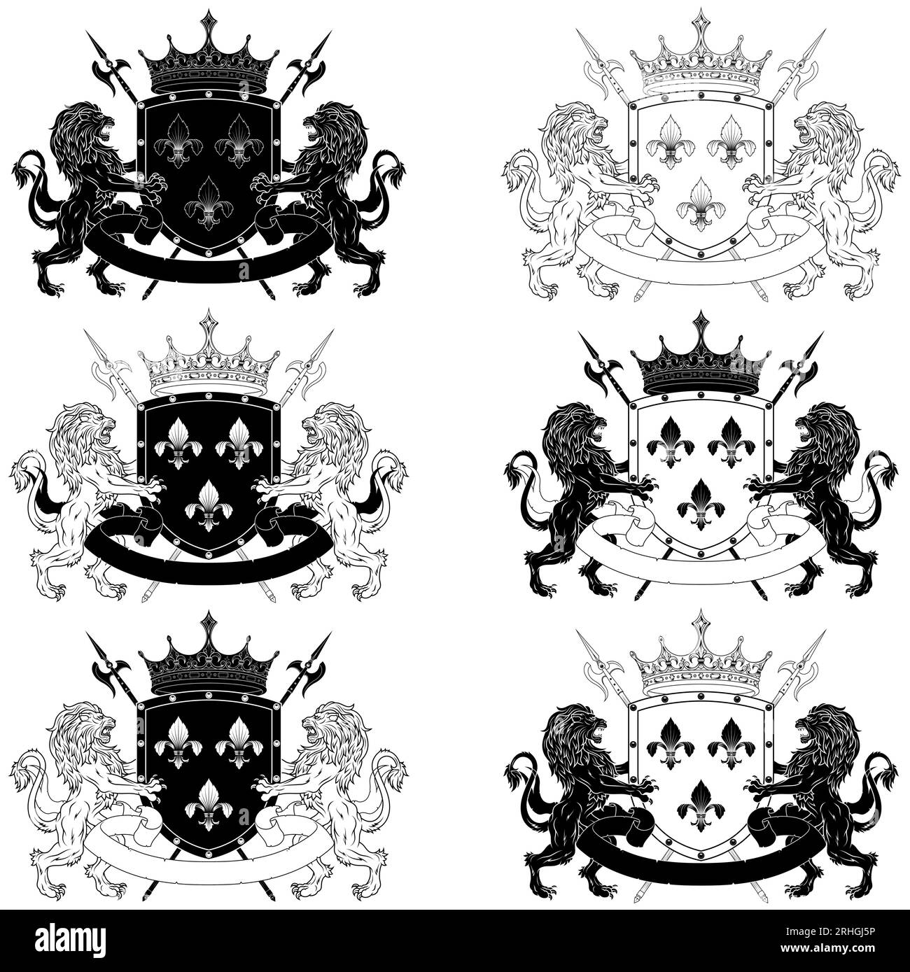 Crowned heraldic shield with three silver fleur-de-lys, flanked by two rampant lions and halberds Stock Vector