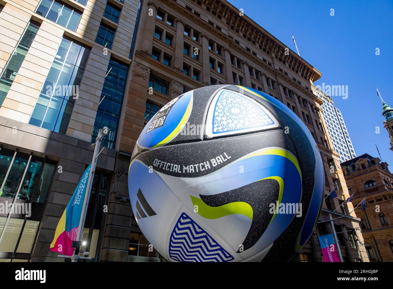 2023 FIFA womens soccer football World Cup, giant replica of official match ball in Martin Place,Sydney city centre,NSW,Australia Stock Photo