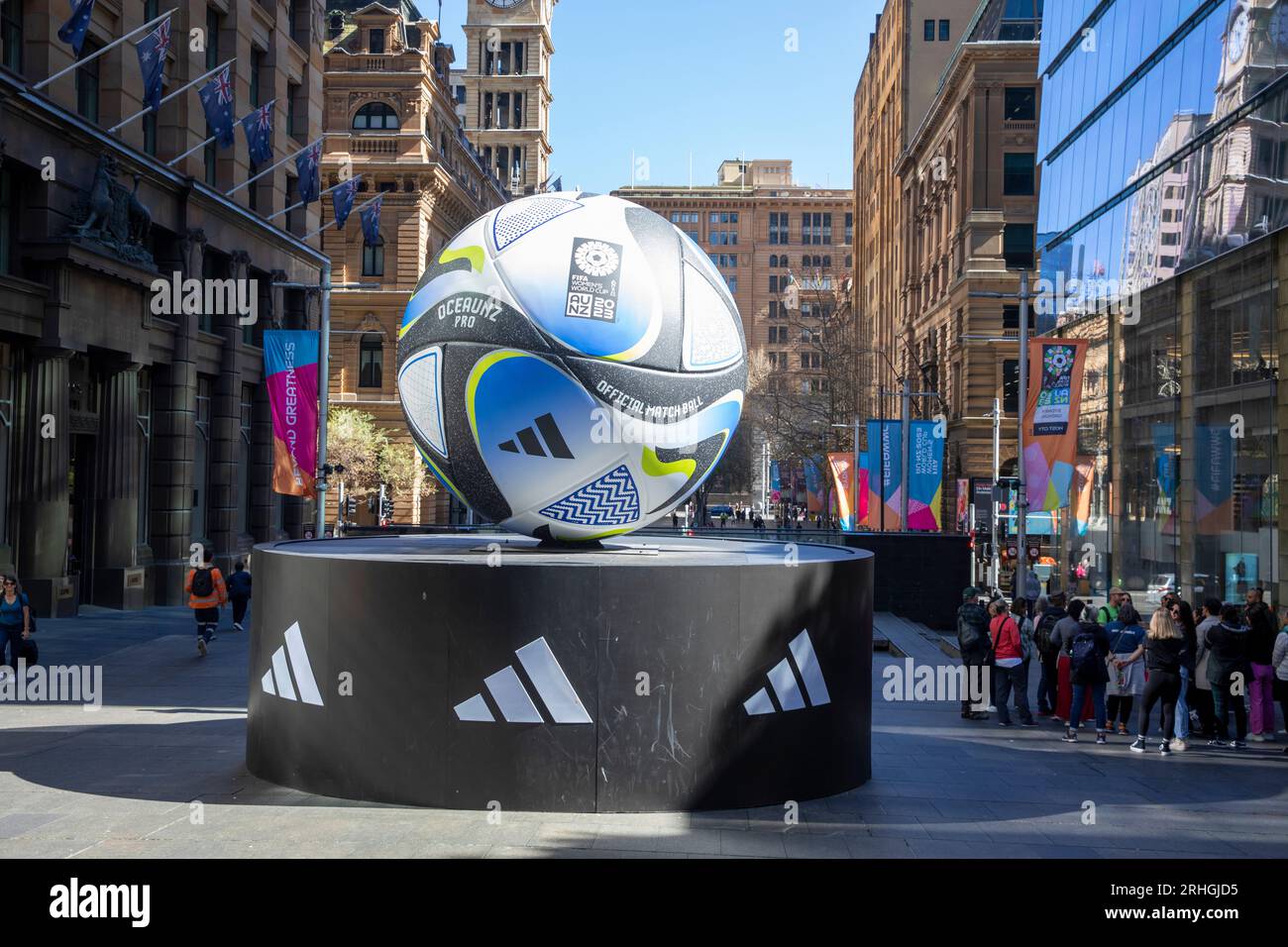 2023 FIFA womens soccer football World Cup, giant replica of official match ball in Martin Place,Sydney city centre,NSW,Australia Stock Photo
