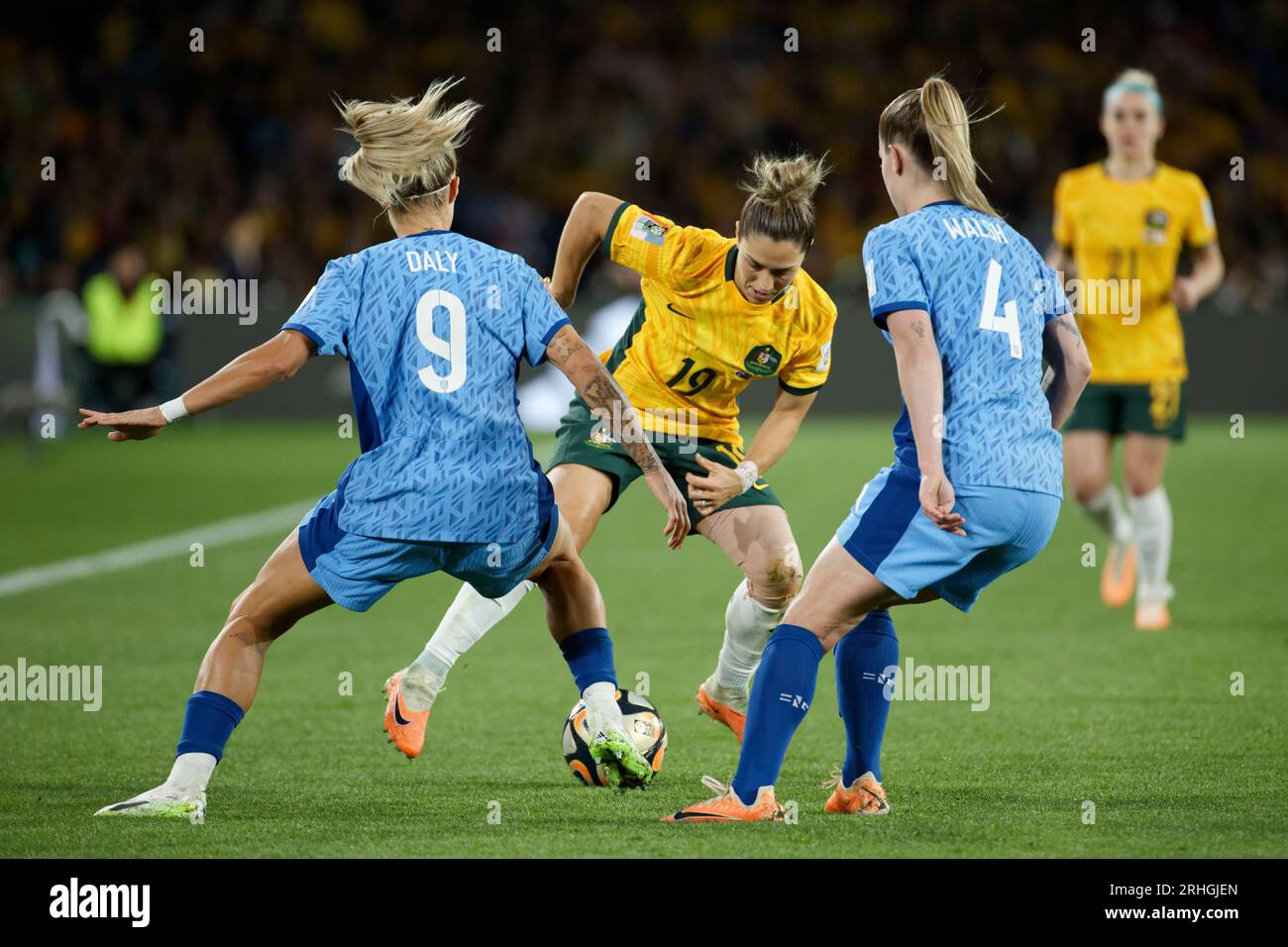 Sydney, Australia. 16th Aug, 2023. Rachel Daly and Keira Walsh of England competes for the ball with Katrina Gorry of Australia during the FIFA Women's World Cup Australia and New Zealand 2023 Semi Final match between Australia and England at Stadium Australia on August 16, 2023 in Sydney, Australia Credit: IOIO IMAGES/Alamy Live News Stock Photo